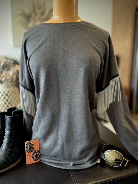 Charcoal Pullover With Sleeve Tassel