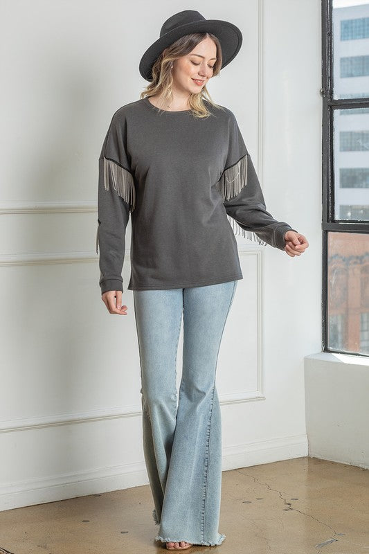 Charcoal Pullover With Sleeve Tassel